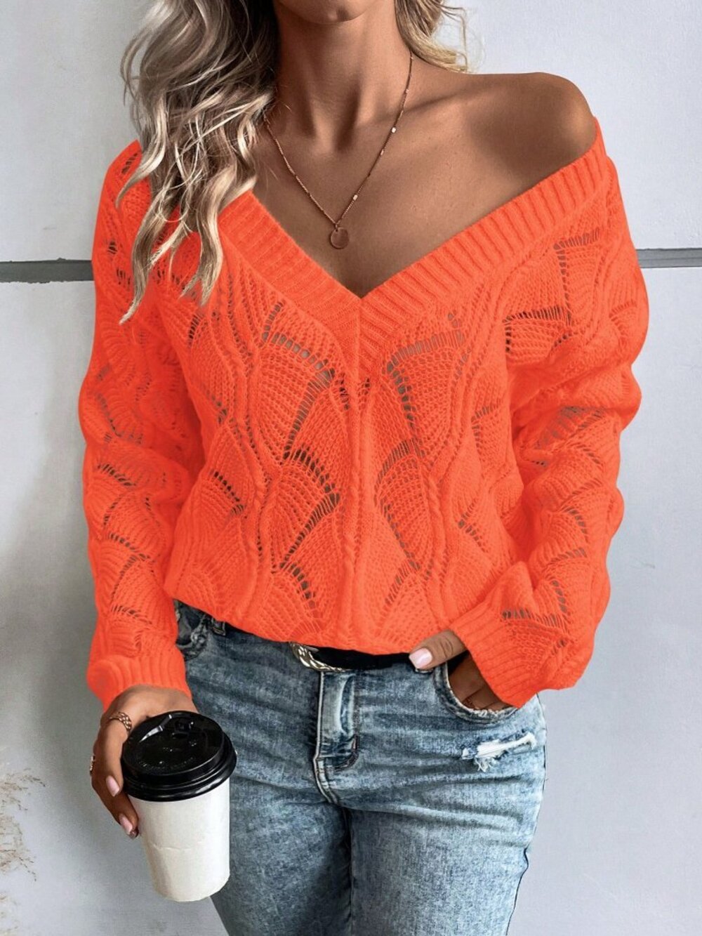 Orange Casual Women's Hollow Out Long Sleeve Pullover Sweater
